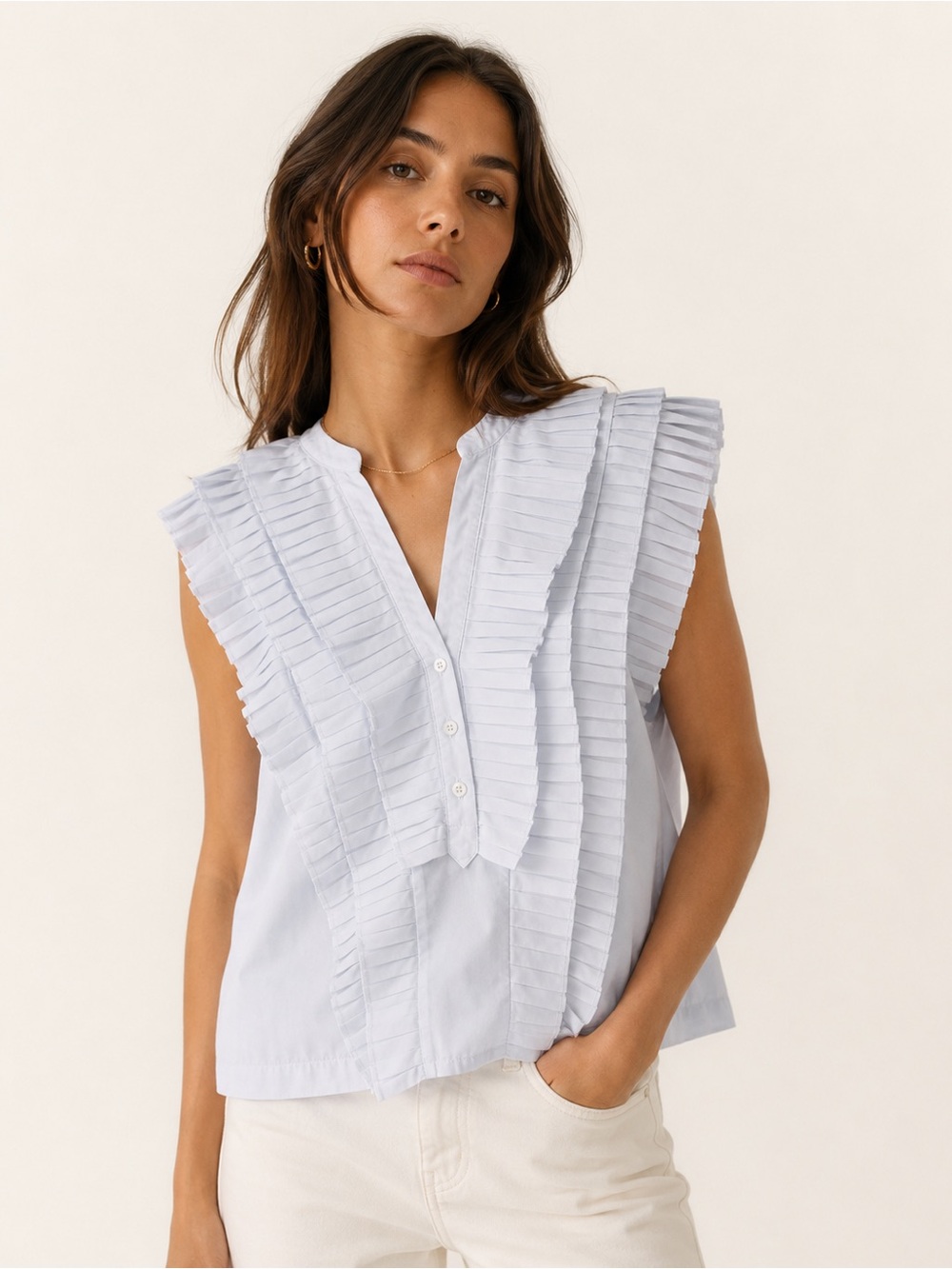 Maeve Anthropologie Ruffle Blouse White Sleeveless Small